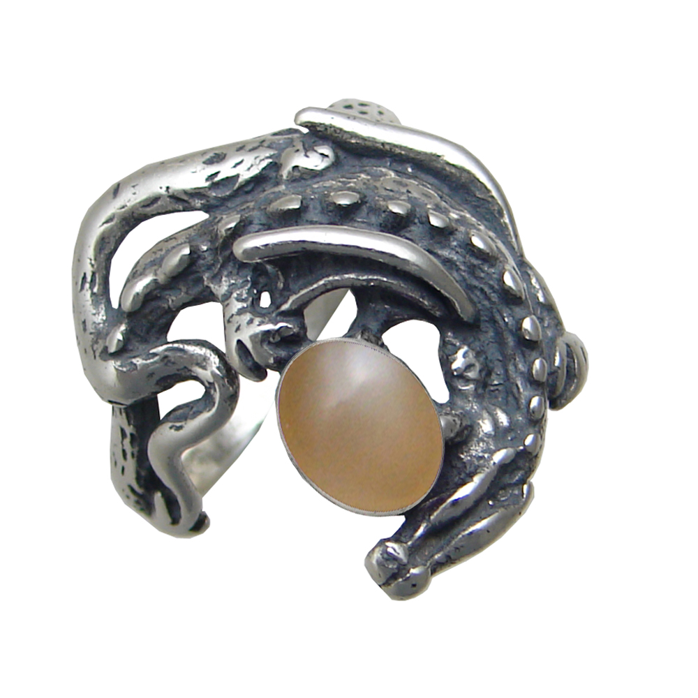 Sterling Silver Dragon of Protection Ring With Peach Moonstone Size 9